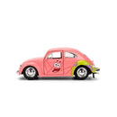 A pink toy model car designed like a classic Volkswagen Beetle, featuring a cartoon face on the front door and a green and purple pattern on the rear fender, shown against a plain white background.