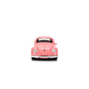 A miniature pink toy car designed like a classic Volkswagen Beetle, shown from the front on a solid white background.
