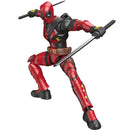 Action figure of a superhero in red and black costume with a sword on a white background