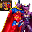 Deathbird and Gladiator action figures, one in red and blue costume and the other in purple and black, with a Marvel Legends box set in the background.