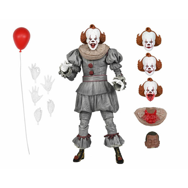 Action figure of a clown with interchangeable faces and accessories on a white background