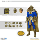 One:12 scale Mezco Toyz action figure of Dr. Fate, featuring a blue and gold suit, helmet, interchangeable head portraits, multiple hands, and accessories on a white background.