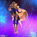 Superhero figurine with cape against a colorful abstract background, featuring MEZCO TOYZ branding.
