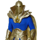 A collectible action figure of a superhero in a blue bodysuit with ornate gold armor, a helmet, and a flowing gold cape, shown against a plain white background.