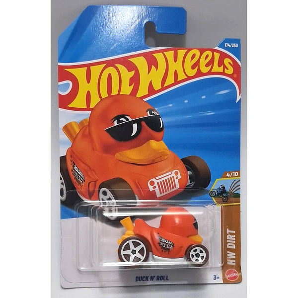 Hot Wheels HW Dirt Duck 'N Roll toy car in its original blister card packaging, featuring an orange duck-shaped car with sunglasses and a blue Hot Wheels card back.