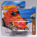 Hot Wheels Duck 'N' Roll HW Dirt toy car in its original blister card packaging, featuring a bright orange duck-shaped race car with black sunglasses.