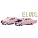 Two pink vintage convertible cars with chrome details, shown on a white background with a gold dotted 'ELVIS' logo at the upper right.