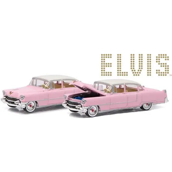Two pink vintage convertible cars with chrome details, shown on a white background with a gold dotted 'ELVIS' logo at the upper right.