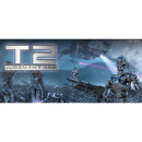 Promotional image for 'T2 Judgment Day' with robots and a spaceship in a sci-fi setting.