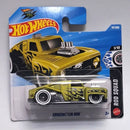 Hot Wheels Mattel Erikenstein Rod die-cast toy car in its original blister card packaging, featuring a yellow and black flame-patterned truck with a supercharged engine.