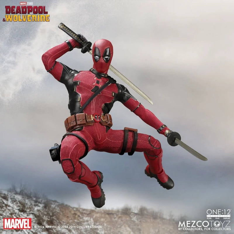 Deadpool Deluxe Edition One:12 Collective Mezco Toyz Action Figure, figure jumping through the air with swords