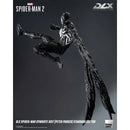 Spider-Man figure in a black and white suit with 'DLX' branding on a dark background
