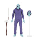 Friday the 13th Action figure in purple outfit with mask, axe, and stand on white background