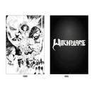 Front and back views of a Witchblade themed art print or card set. The front features a detailed black and white comic-style illustration of a bearded man's face and figures, while the back is solid black with the 'Witchblade' logo in white.