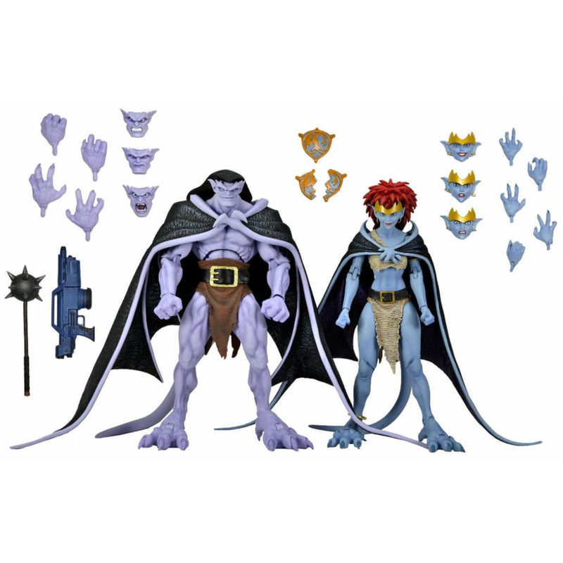 NECA Gargoyles Ultimate Goliath and Demona Vows 7-Inch Scale Action Figures pictured with accessories