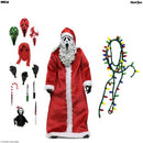 A Ghostface action figure dressed as Santa Claus, shown with multiple accessories on a white background: alternate masks, gloves, a candy cane, a small Ghostface figure, and a string of multicolored Christmas lights.