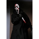 Ghost Face wearing a black hooded outfit with a white mask and red accents, holding a knife.