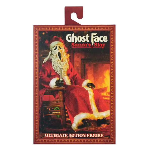 Ghost Face Santa's Stay Ultimate Action Figure in its original packaging, featuring a red hanger tab at the top and artwork of Ghost Face in a Santa suit.