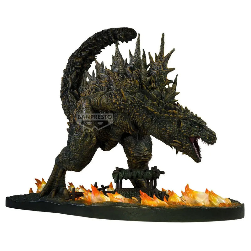 Godzilla Monster figurine with flames on a white background, featuring the Banpresto logo.