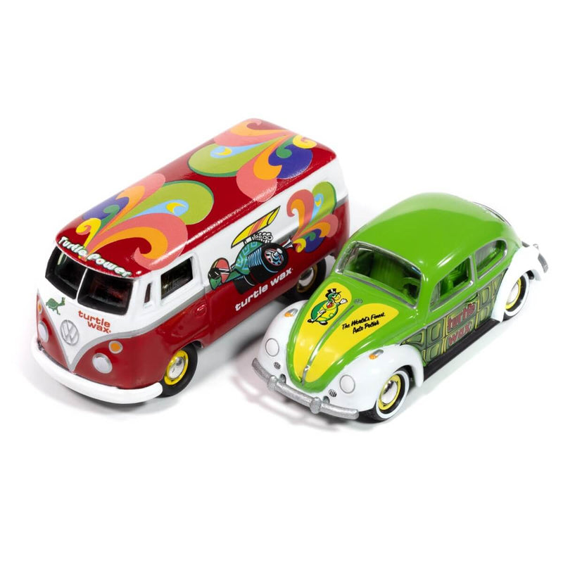 Johnny Lightning 2024 Themed 2-Packs R1A, 1964 Volkswagen Type 2 Transporter (Turtle Wax, Red &amp; White Turtle Power Graphics) &
1965 Volkswagen Beetle (Turtle Wax, Green &amp; White Turtle Shell)