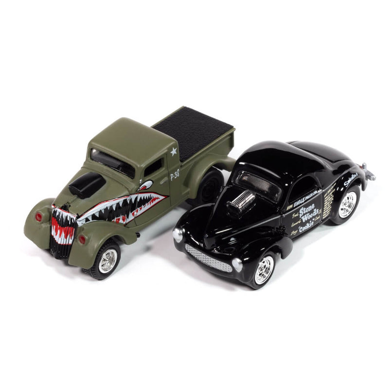 Johnny Lightning 2024 Themed 2-Packs R1B 1941 Willys (Willys Gassers, Gloss Black) &
1933 Willys Gasser Pickup (Willys Gassers, Army Green)