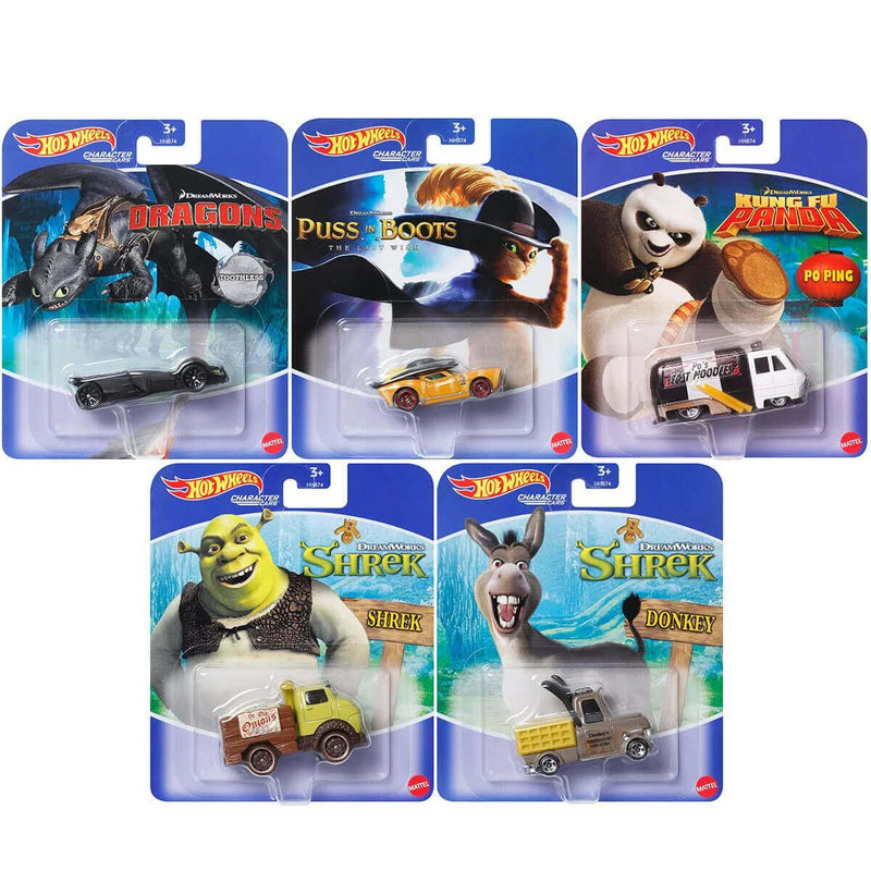 Hot Wheels 2023 DreamWorks Character Cars 1:64 Scale Diecast Vehicles Bundle All 5