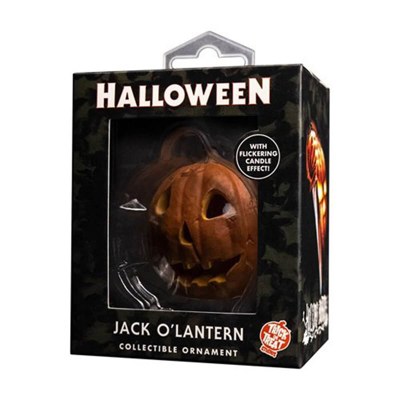Halloween Jack O'Lantern collectible ornament packaging with flickering candle effect.