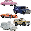 Five toy cars and trucks shown on a plain white background: a pink vintage sedan, a blue van with a unicorn graphic, an orange sports car, a beige and blue police SUV, and a light gray pickup truck.