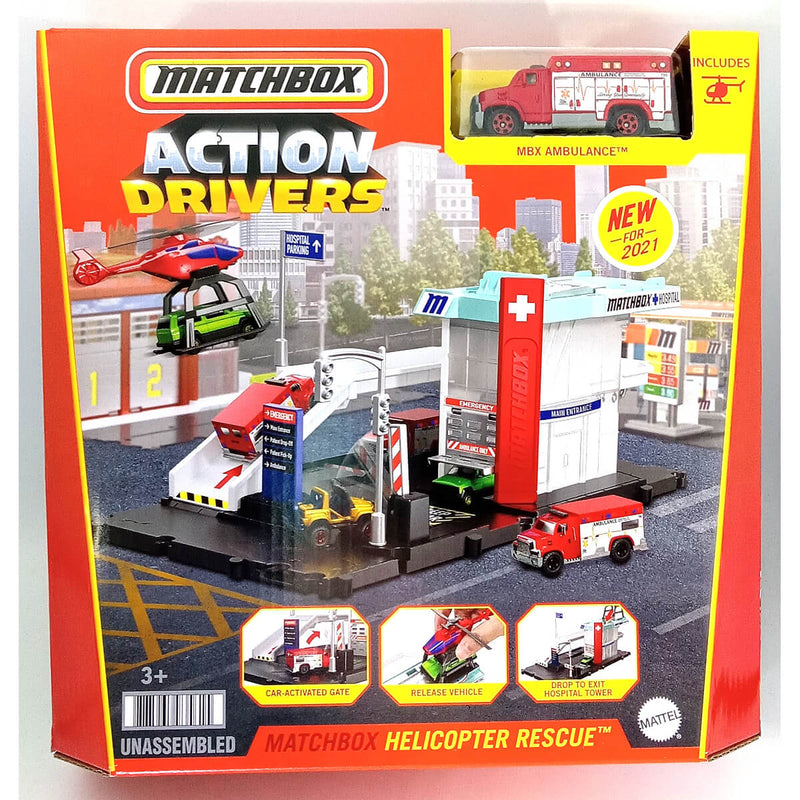 Matchbox Action Drivers Playsets with 1:64 Scale Diecast Car, Helicopter Rescue with MBX Ambulance