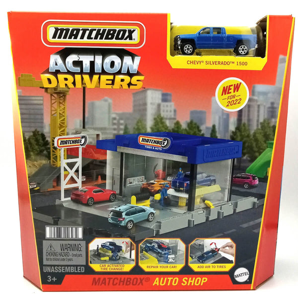 Matchbox Action Drivers Playsets with 1:64 Scale Diecast Car, Auto Shop with Chevy Silverado 1500