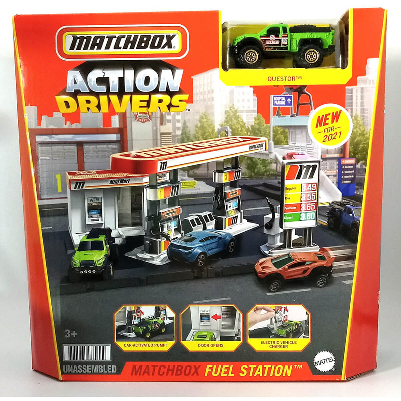 Matchbox Action Drivers Playsets with 1:64 Scale Diecast Car, Fuel station with Questor