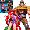 Two action figures from Marvel Legends series, one with red hair and purple outfit, the other with brown armor and helmet, in front of their packaging.