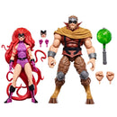 Two action figures, one female with red hair and purple outfit, and one male with brown outfit, standing next to accessories on a white background.