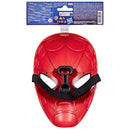 A red Spider-Man style mask with black straps and a black nose bridge, shown hanging from its blue retail header card on a white background.