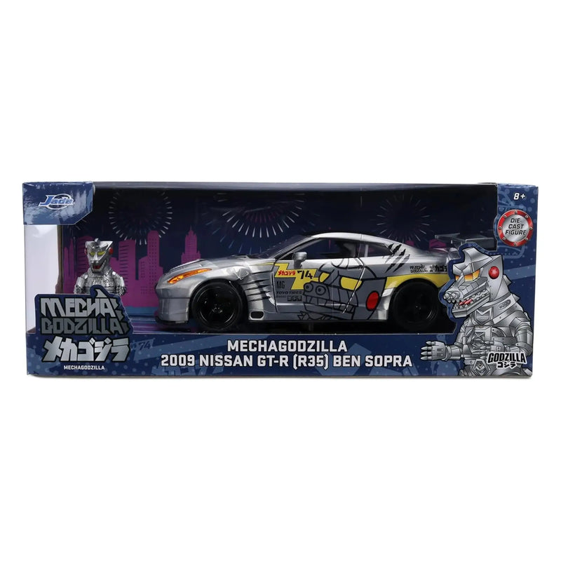 Boxed toy car model of a 2009 Nissan GT-R with MechaGodzilla design on a white background