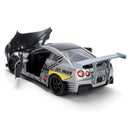 Model car with open doors on a white background