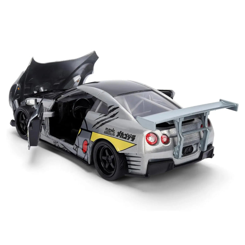 Model car with open doors on a white background