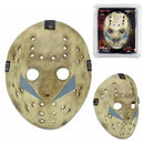 A distressed hockey mask shown in two sizes, with the larger unboxed version on the left and a smaller version in retail packaging on the upper right, on a plain white background.