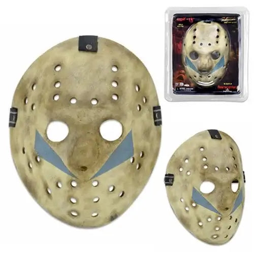 A distressed hockey mask shown in two sizes, with the larger unboxed version on the left and a smaller version in retail packaging on the upper right, on a plain white background.