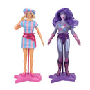 San Diego Comic Con 2025 Exclusive JEM Truly Outrageous Doll 2-Pack on stands, one in a colorful outfit and the other in a costume, on a white background.