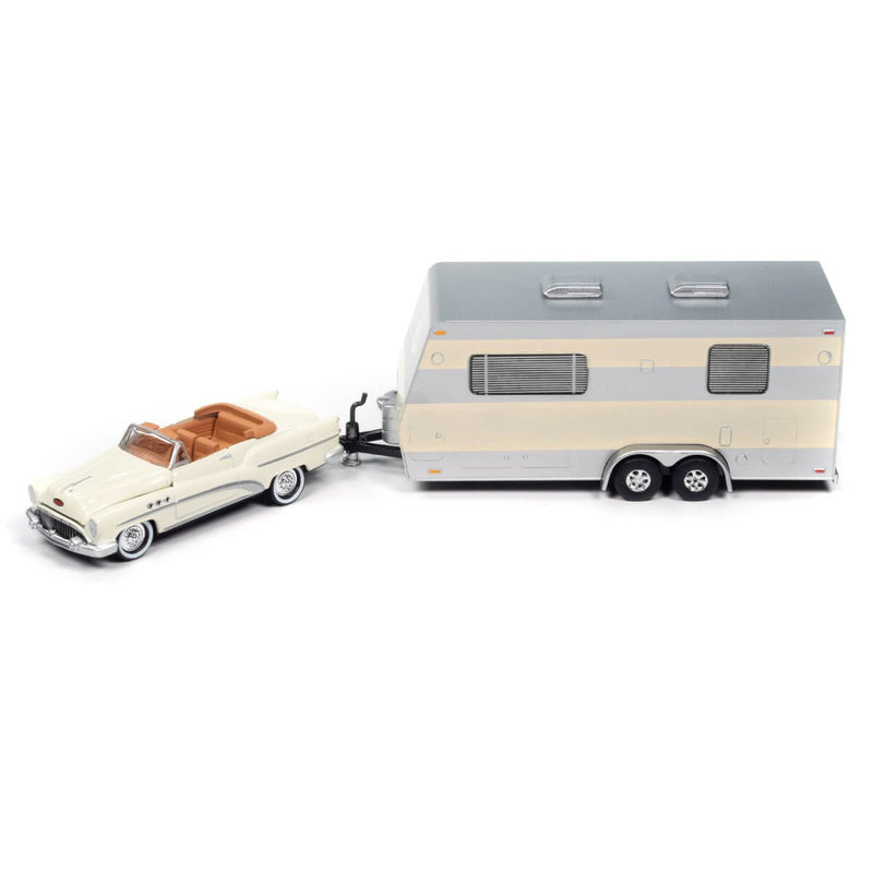 Johnny Lightning 2024 Hulls & Haulers R2 3-Piece Collector's Bundle 1:64 Scale Cars, 1953 Buick Super with camper trailer