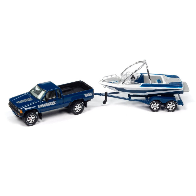 Johnny Lightning 2024 Hulls & Haulers R2 3-Piece Collector's Bundle 1:64 Scale Cars, 1985 Toyota Pickup with trailer