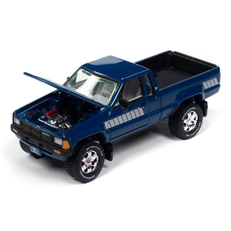 Johnny Lightning 2024 Hulls & Haulers R2 3-Piece Collector's Bundle 1:64 Scale Cars, 1985 Toyota Pickup with hood open