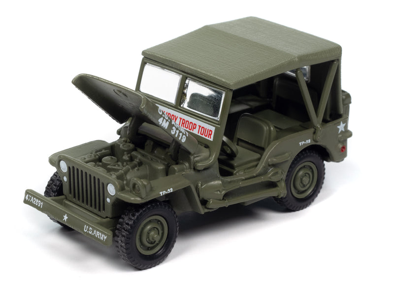 Johnny Lightning 2024 Military Command/Control Support Vehicles R2A 6-Piece Collector's Bundle, Willys Jeep with hood open