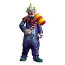 Colorful clown figurine holding a large mallet on a white background