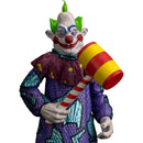 Colorful clown figurine holding a striped mallet on a white background