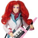 Kimber Doll from Jem and the holograms with red hair holding a pink keyboard on a white background