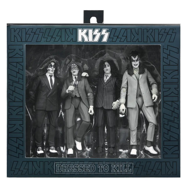 KISS 'Dressed to Kill' action figure set in its original window box packaging, featuring four band members in black and white suits.