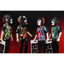 Four dolls in KISS costumes with colorful outfits and masks on a dark background.