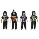 Four action figures wearing KISS-themed outfits on a white background